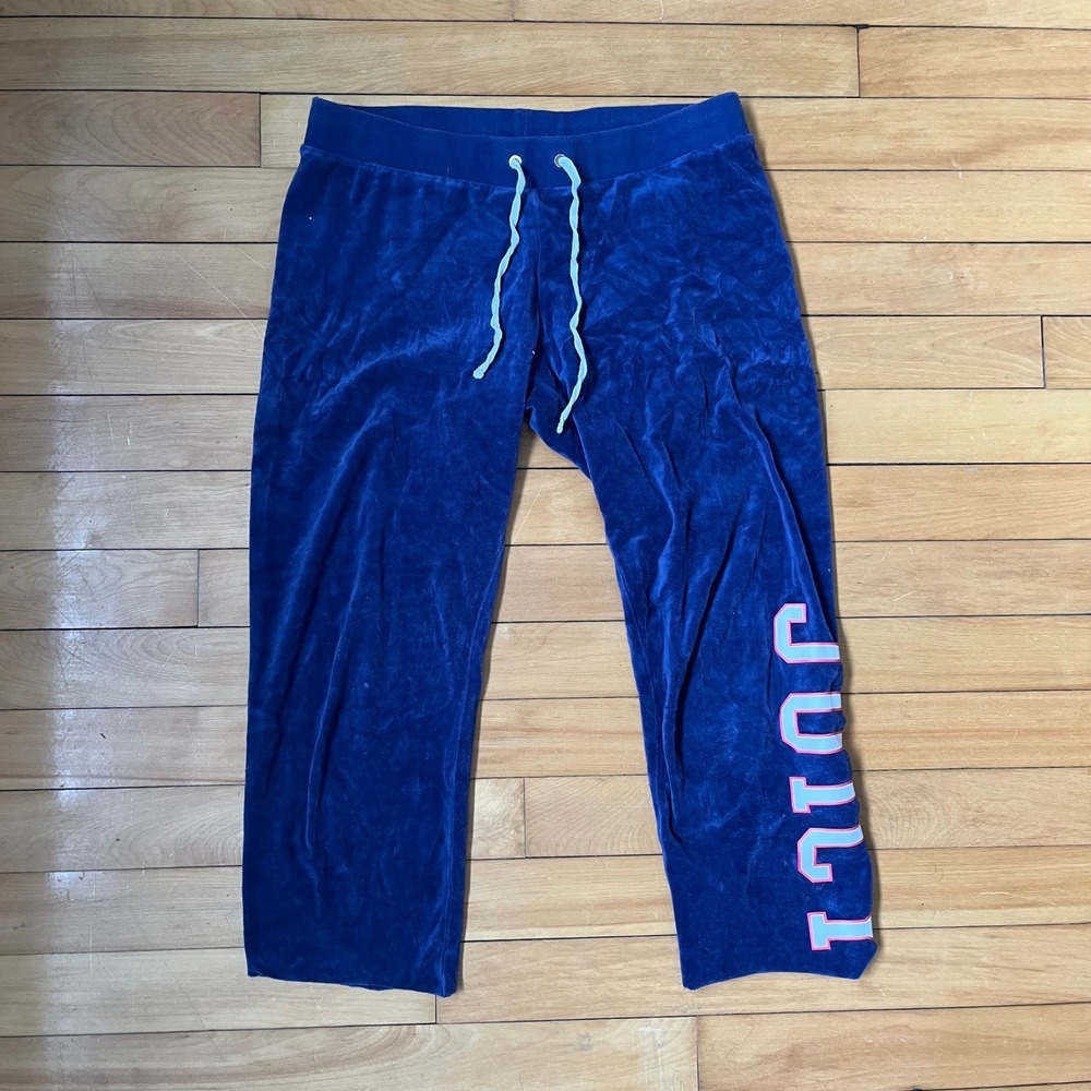 Juicy Couture Blue Velour Track Pants Pink Logo Joggers Womens Small Sweatpants